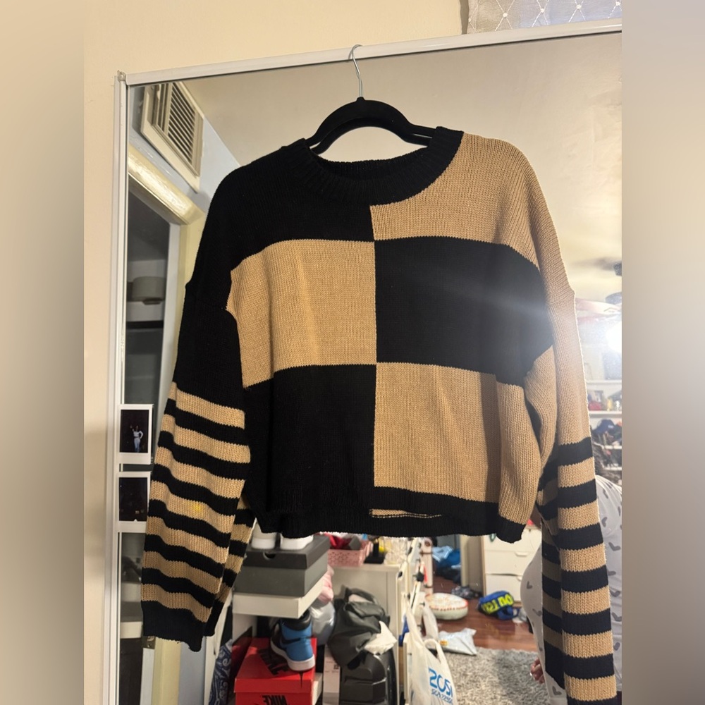 Tan/black block stripe sweater …